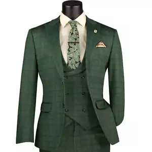 VINCI Men's Green Plaid Stretch 3-Piece Slim-Fit 2-Button Suit - NEW - Picture 1 of 4