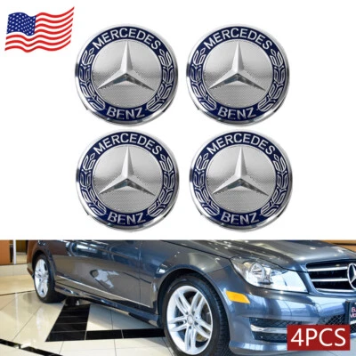 4 x Wheel Center Hub Caps AMG Wreath Blue Fit for Mercedes-Benz Class A C E SL - Image 1 of 4