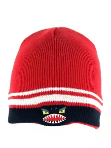 Red Beanie Stocking Cap Hat White and Black Stripes with Animated Shark Face - Picture 1 of 2