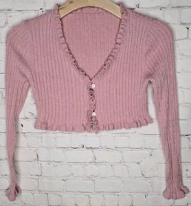 Pink Knitted V-Neck Sweater Cropped Ruffle Trim Long Sleeve Womens Jr Size S  - Picture 1 of 8