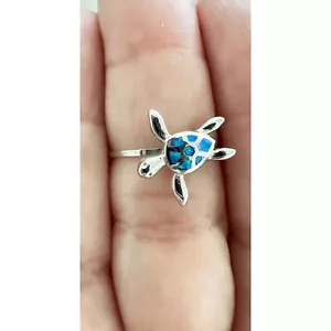 Anello tartaruga delicato con opale blu da laboratorio e argento sterling misura 7 - nuovo con scatola - confezione regalo - Foto 1 di 5
