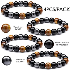 4 Pcs Tiger Eye Obsidian Hematite Beads Power Triple Protection Reiki Bracelets - Picture 1 of 11
