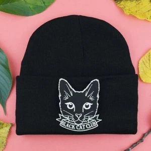 BLACK CAT CLUB Slouch Patch Beanie: witch magic spell spooky Mens Ladies Hat Cap - Picture 1 of 1