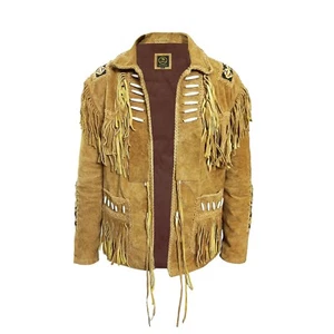 Giacca western uomo nativi americani cowboy pelle con frange ossa e perline - Foto 1 di 8