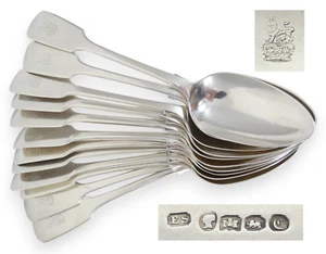 Antique Victorian 1839 Set of 12 Sterling Silver Table Soup Spoons Fiddle Back - Picture 1 of 12