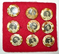 (9) 1933 BASEBALL TEAM PINS " MRS. SHERLOCK'S HOME MADE BREAD " TOLEDO MUD HENS