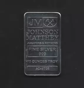 10 OZ JOHNSON MATTHEY 999 FINE SILVER BULLION BAR. NUMBERED; A045798. - Picture 1 of 2