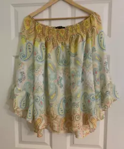Zac & Rachel Women's Yellow Paisley Blouse Top 3/4 Bell Sleeve Off Shoulder 3X - Picture 1 of 8