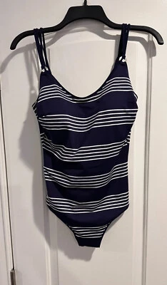 Traje de baño Maryan Mehlhorn de una pieza azul marino/blanco rayas plateadas talla 14 copa D nuevo con etiquetas Foto 1 de 4