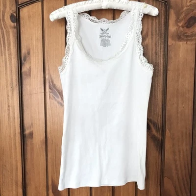 Faded Glory White Lace Trim Y2K Style Baby Doll Feminine Fairy Whimsy Tank Top L - Image 1 of 4