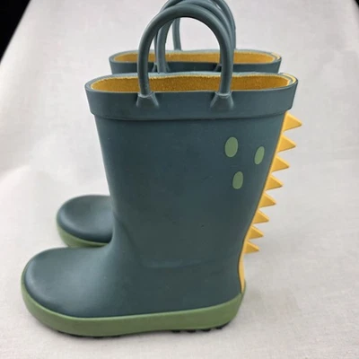 Dinosaur Rain Boots Kids Size 9 Cat & Jack Mid Calf Pull On Green With Yellow - Image 1 of 4