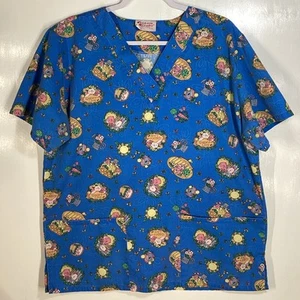 Easter Scrub Top womens size M Medium blue Baskets Garden Flowers Bunny Rabbits - Picture 1 of 3