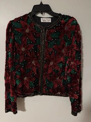 VTG 90’s Laurence Kazar Sequin Cropped Holiday Poinsettia Cardigan Jacket Sz S/M - Image 1 of 4