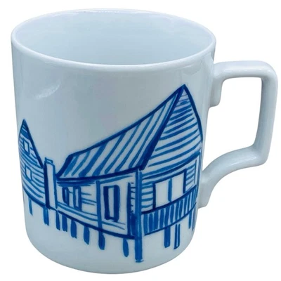 West Elm Coffee Mug Blue White Architecture Illustration Retro Design Studio - Image 1 of 3