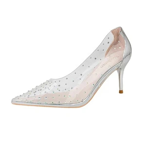 Women's Rhinestones Clear Leather Stiletto Pumps Fashion Comfort Closed Point... - Picture 1 of 6