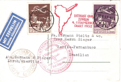 GRAF ZEPPELIN Card *DENMARK* Treaty Air Mail 1932 4.SÜDAMERIKAFAHRT Brazil KZ399 - Image 1 of 4