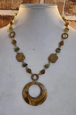 Boho Statement Necklace 22" Green Stone & Amber Beads Large Resin Cir Le Pendant - Image 1 of 4