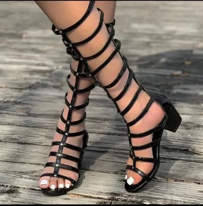Women's Black Gladiator Sandals Open Toe Chunky Heel Sandals New US 9.5 - Picture 1 of 7