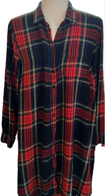 VESTIDO CAMISERO SWING VINTAGE AZUL MARINO ROJO TARTÁN CUADROS RAYÓN MANGA LARGA HOLGADO Foto 1 de 4