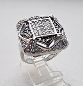 VINTAGE 925 STERLING SILVER BROWN AND COLORLESS STONE SQUARE ACCENT RING SIZE 8 - Picture 1 of 10