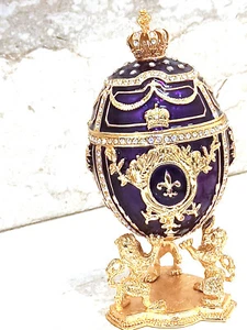 Faberge egg purple Xmas gift for father 24k GOLD HANDMADE 200 Diamonds Handset  - Picture 1 of 9