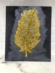 Arte de pared hecho a mano para decoración pintura textura 3d pluma u hoja negra y dorada - Imagen 1 de 3