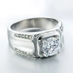 Women Men Wedding Engagement Rings Stainless Steel Cubic Zirconia Solitaire Gift - Picture 1 of 21