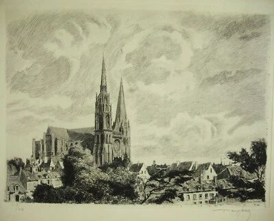 Eau forte signée Raoul SERRES Cathédrale Notre-Dame de Chartres num 3/25 c1930 - Photo 1/4