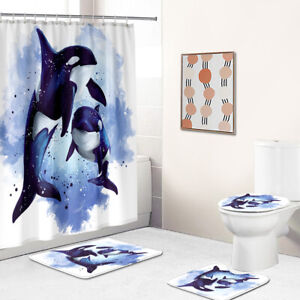 Killer Whale Shower Curtain Bathroom Rug Set Non-Slip Bath Mat Toilet Lid Cover
