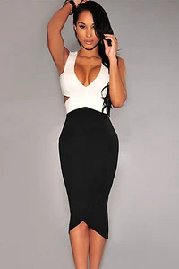 Midi Abito a cono bi colore top incrociato gonna nudo Sexy Cut-Out Midi Dress - Imagen 1 de 3