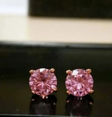 2Ct Round Cut Created Pink Sapphire Stud Push Back Earrings 14K Rose Gold Plated - Image 1 of 4