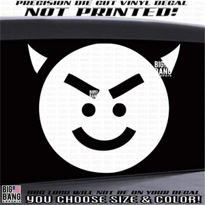Calcomanía de vinilo EVIL SMILEY FACE pegatina cuernos del diablo sonrisa traviesa travesura divertida - Imagen 1 de 4