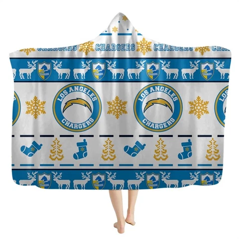 Los Angeles Chargers Christmas Hooded Blanket Fleece Cloak Wearable Blankets Cover