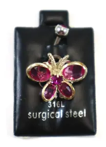 L2 pink butterfly 3D BELLY BUTTON RING 316L surgical steel Claire's 14g body - Picture 1 of 10