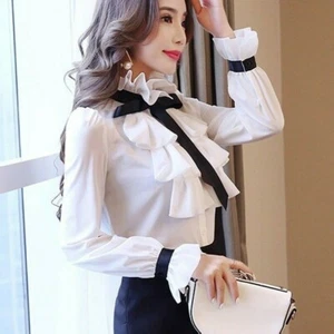 Women Girl Chiffon Shirt Slim Ruffle Stand Collar Long Sleeve Top Blouse Vintage - Picture 1 of 10