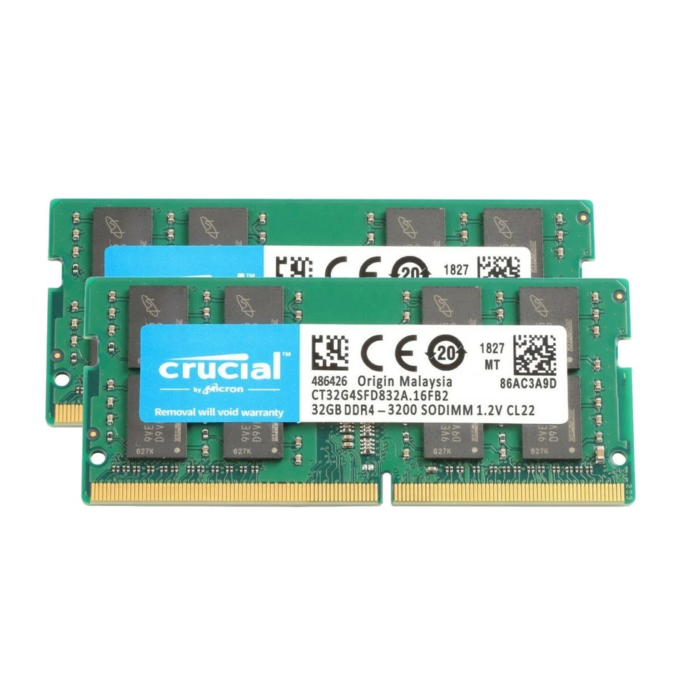 Crucial 64GB Kit (2x 32GB) DDR4 3200Mhz SODIMM 260Pin Memory Ram CT32G4SFD832A - Image 1 of 3