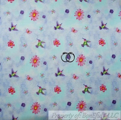BonEful Fabric FQ Cotton Quilt Blue Pink Spring Hummingbird Bird Flower Garden S - Image 1 of 4