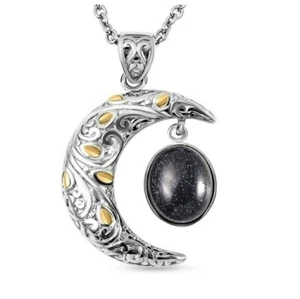 Blue Sandstone Pendant Necklace in Pure White and Yellow Gold Stainless Steel - Picture 1 of 7