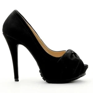 Ladies Women's Comfort Pleated Bow Peep Toe Black Khaki Shoes Size 3 - 8  (923) - Picture 1 of 3