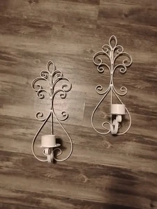 Vintage Weiß Metall Schnörkel Wand Kerzenleuchter Landhaus Boho Rustikal... - Bild 1 von 3