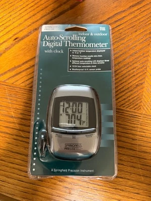NEW Springfield Precise Auto-Scrolling Digital Thermometer Indoor Outdoor +Clock - Image 1 of 4