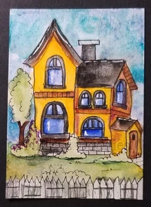 Aceo Original Painting art Card Yellow Rural House Victorian \ NFAC Nikki C - Picture 1 of 2