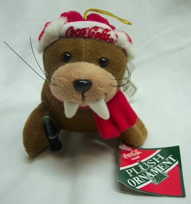 VINTAGE Coca-Cola MINI COKE BRAUN WALROSS ORNAMENT 5 Zoll Plüschtier STOFFTIER NEU - Bild 1 von 4