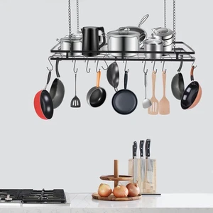 Modern Hanging Pot Holder Pan Hanger Kitchen Ceiling Rack with 12 Hooks Black - Picture 1 of 20