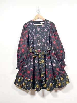 Boden Dress Size 14 Lyla Black Short Floral Tiered Belted Flare Balloon Sleeve - Image 1 of 4