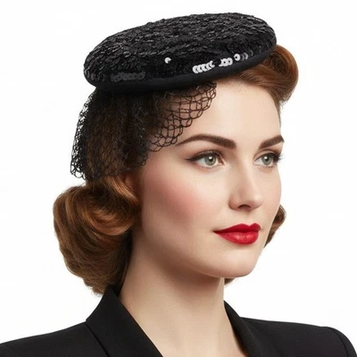 Boina de cóctel brillante con pantalla plateada vintage de los años 30, sombrero de lentejuelas de gelatina negra Foto 1 de 4