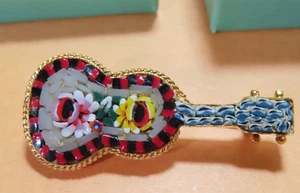 Vintage Italian Vienna Micro Mosaic Flower Glass Brass Guitar Brooch 1.75" - Picture 1 of 8