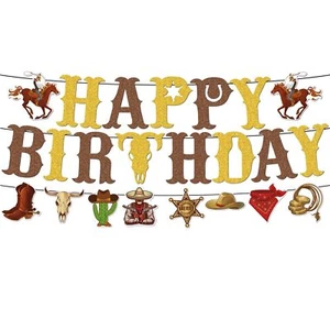 Cowboy Happy Birthday Banner GlitterWestern Cowboy Theme Party Sign BannerCow... - Picture 1 of 4