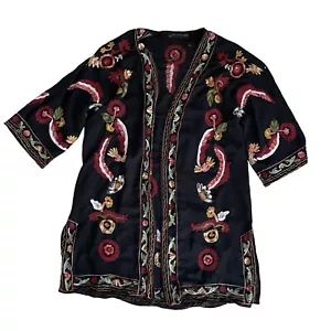 ZARA Black EMBROIDERED KIMONO Flowers Floral Red Yellow Green Woman SIZE XS S - Picture 1 of 5