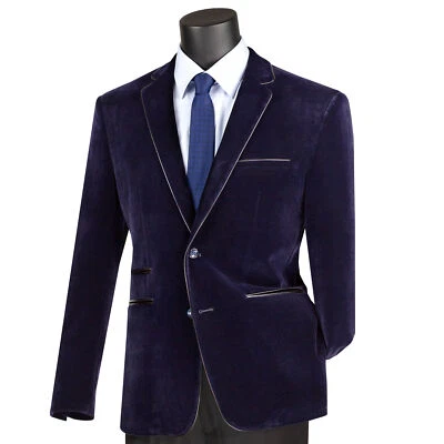 Blazer VINCI Para Hombre Azul Marino Terciopelo 2 Botones Calce Ajustado con Borde de Cuero NUEVO Foto 1 de 3
